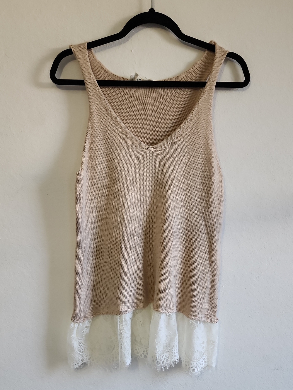 Boho Lagenlook Coquette Beige Knit Lace Trim Tank Top Size M